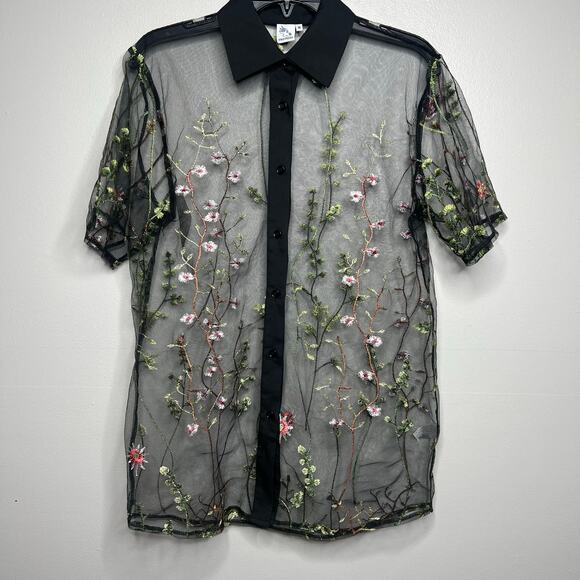 Sheer Mesh Black Embroidered Floral Top Women M Whimsigoth Dark Romantic Y2K 90s - Picture 1 of 13